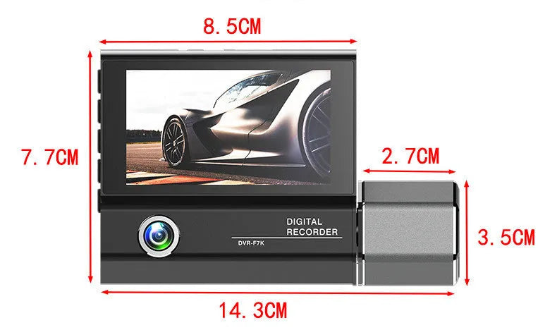 Black triple-lens car dash camera with touch screen and wide-angle recording