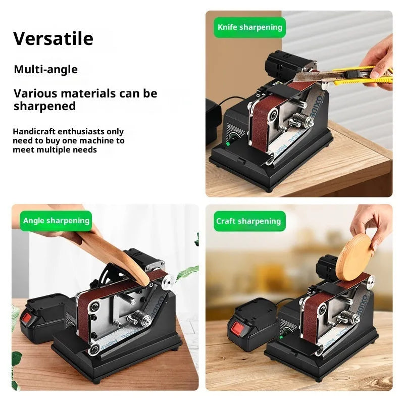 Small miniature desktop electric belt sander with variable speed, adjustable grinding bracket, and 10 abrasive belt, 110V US plug