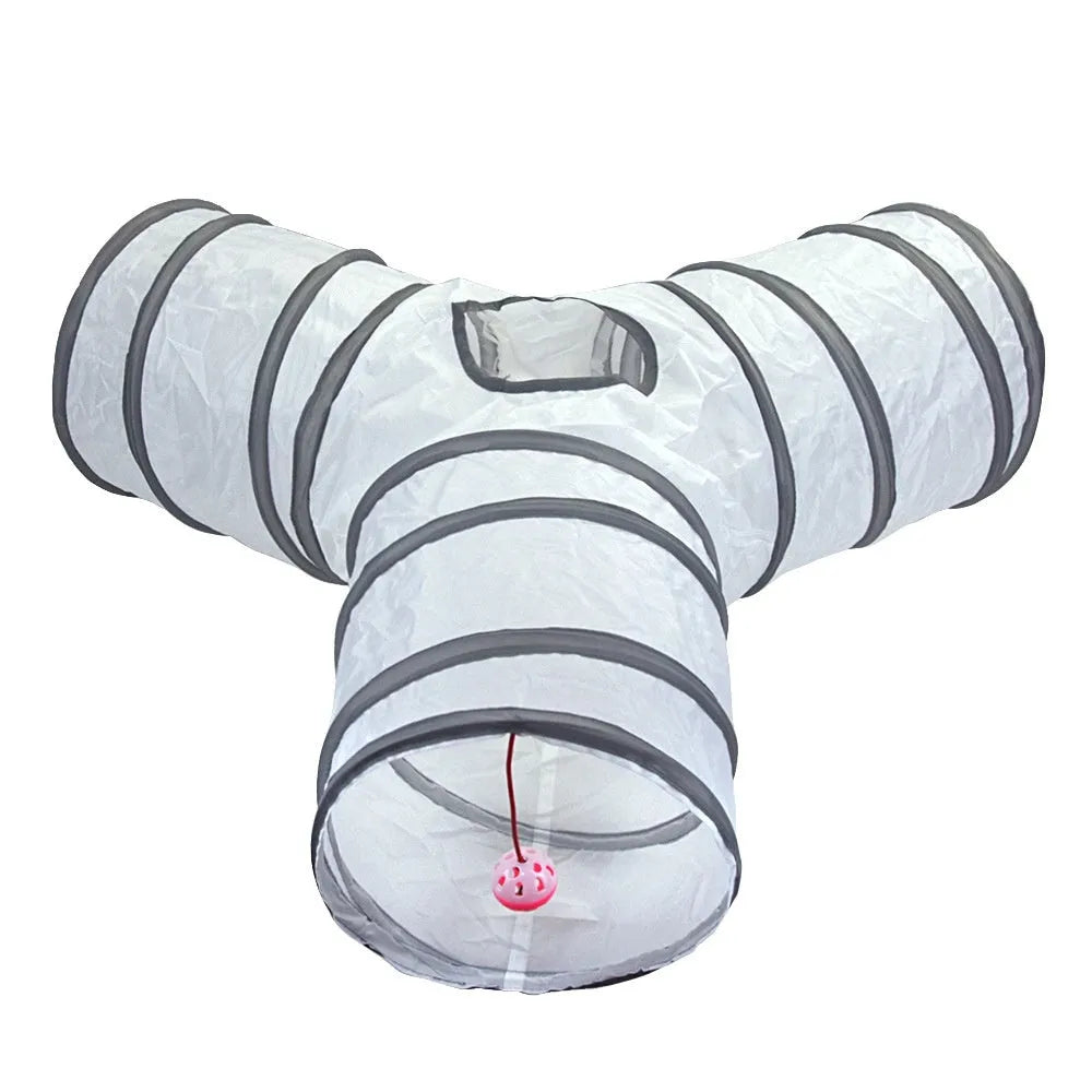 White cat tunnel rolling dragon pet toy made from polyester, shown in White S pass configuration