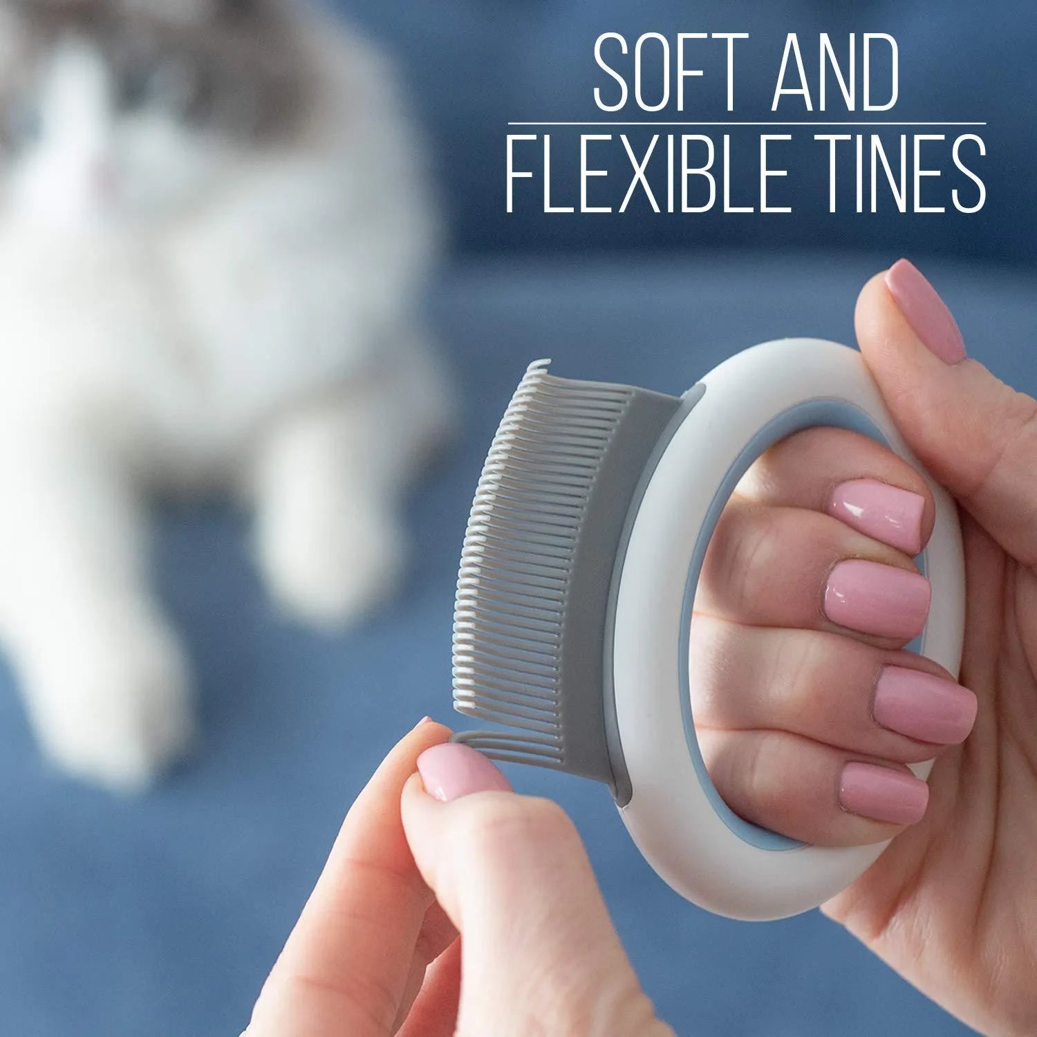 Blue pet deshedding comb with ergonomic handle for cats and dogs