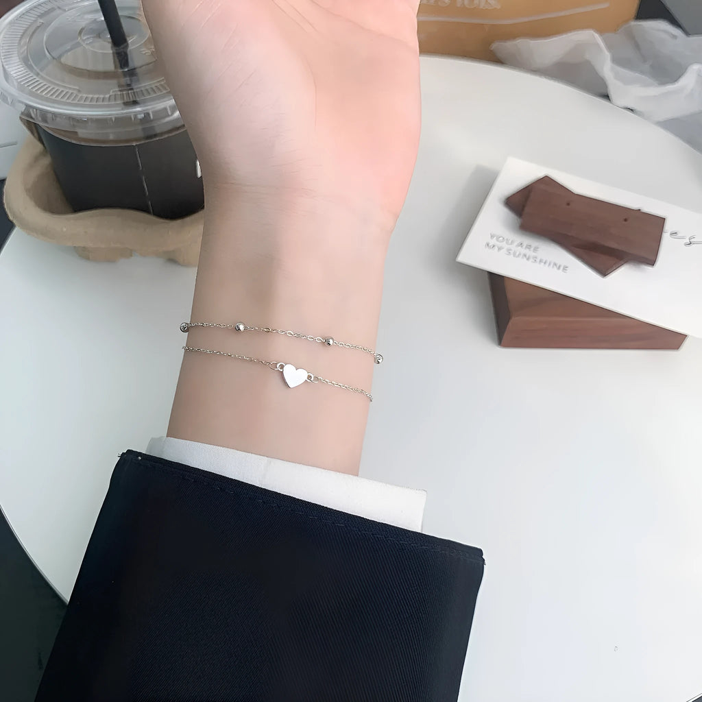 S925 sterling silver double-layer heart bracelet women's simple style silver colour adjustable chain