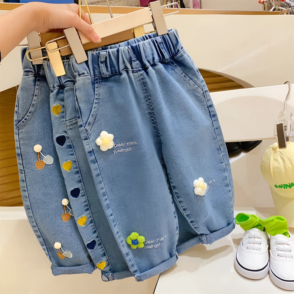 Girls Korean style harem jeans in embroidered cherry pattern, cotton denim, mid waist elastic waistband