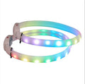 White USB rechargeable LED dog collar with glowing lights on a dog, adjustable 60cm safety collar for night walking