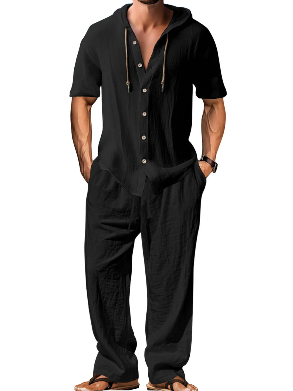 Men's casual cotton suit set in a neutral colour, showing the long-sleeved top and trousers laid flat.