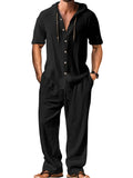 Men's casual cotton suit set in a neutral colour, showing the long-sleeved top and trousers laid flat.