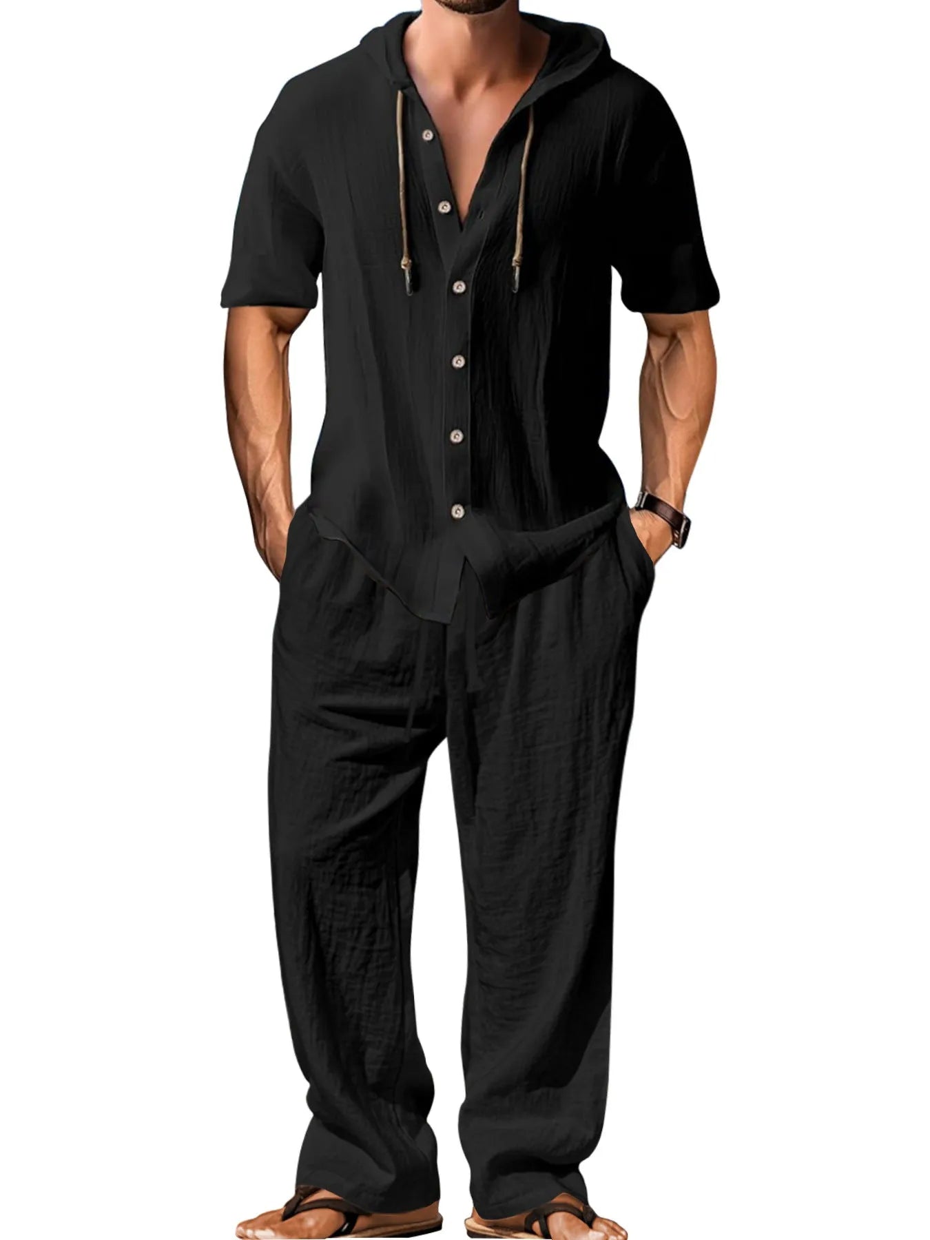 Men's casual cotton suit set in a neutral colour, showing the long-sleeved top and trousers laid flat.