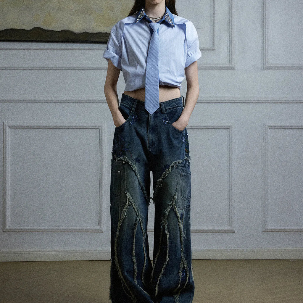 Men's blue patchwork striped shirt with diamond tie detail, loose fit, and button-down collar