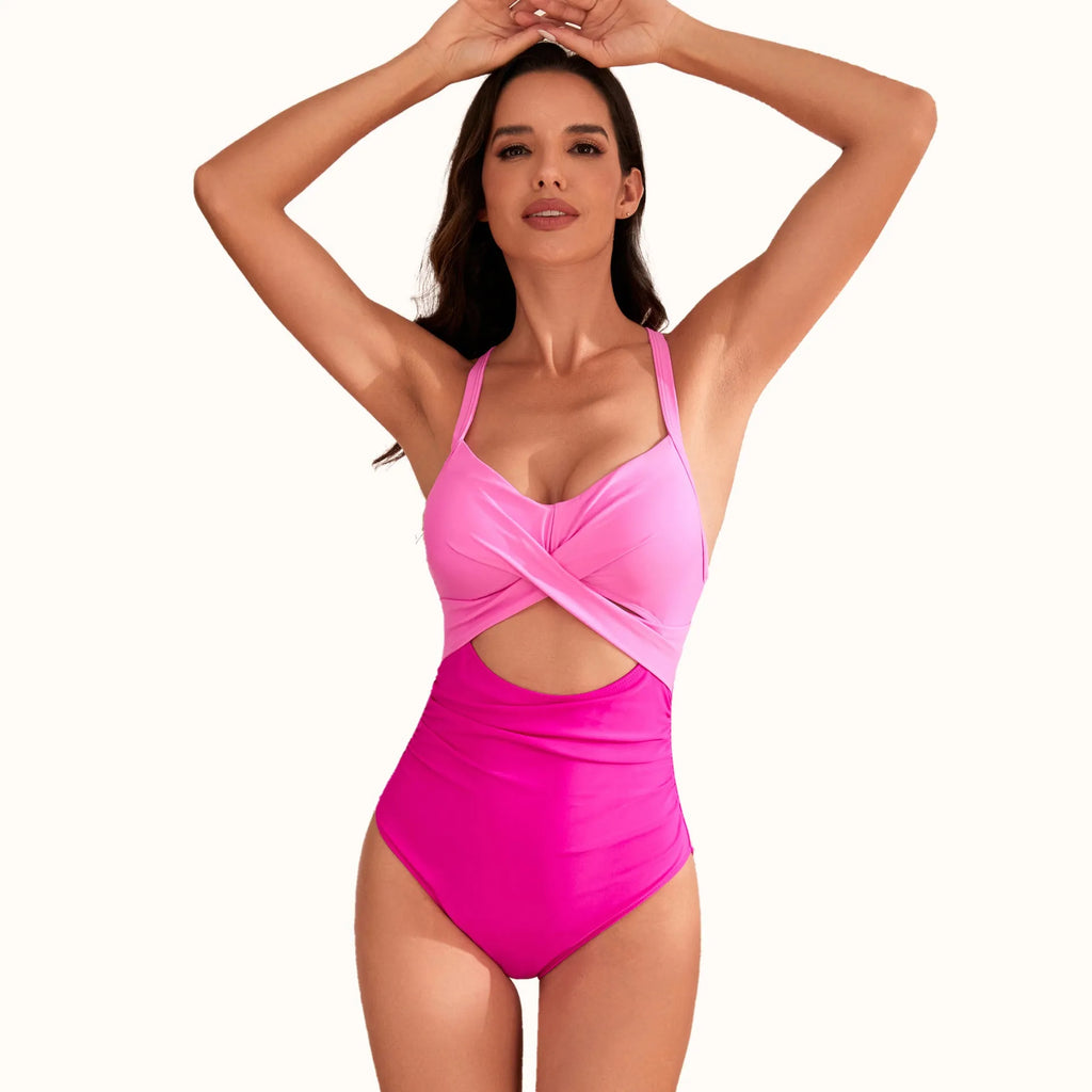 Women's high waist one-piece swimsuit in solid army green colour on a mannequin.