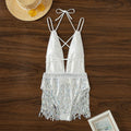 White women's deep V-neck one-piece swimsuit with tassel trim on brief-style bottom