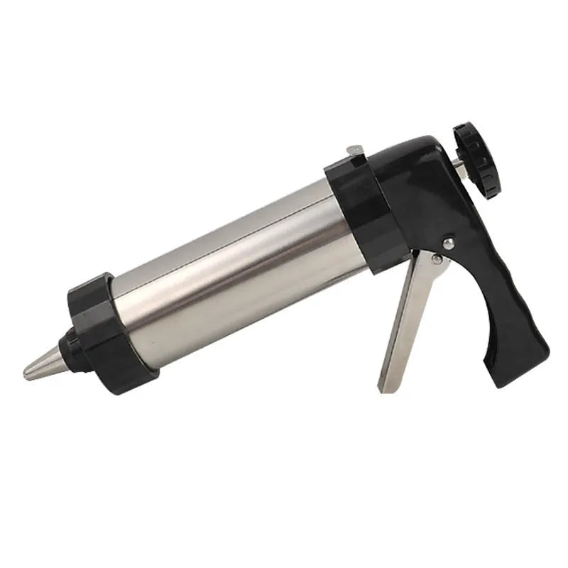 Stainless steel biscuit press cookie gun with assortment of metal cookie molds and piping nozzles
