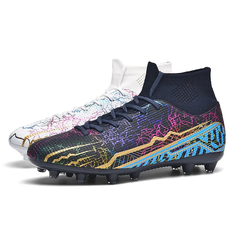 High-top youth spike turf soccer shoes with PVC upper and rubber sole on artificial grass