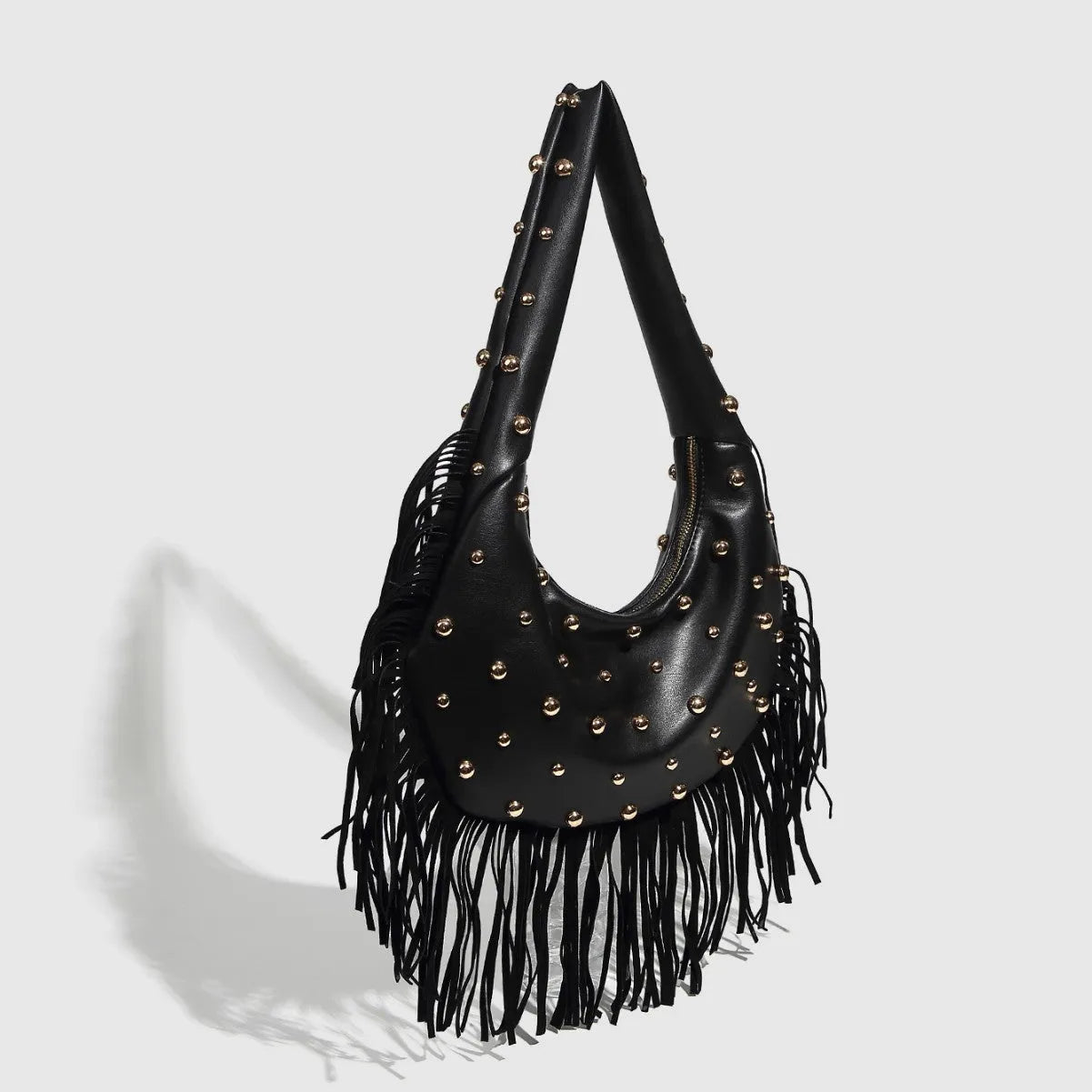 Retro tassel shoulder handbag in black or wine red with mobile phone compartment