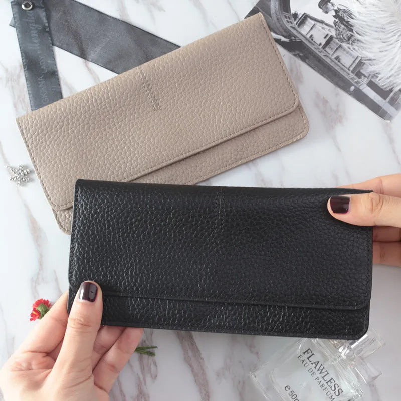 Genuine leather long coin purse with multiple card slots and zipper, wine red colour