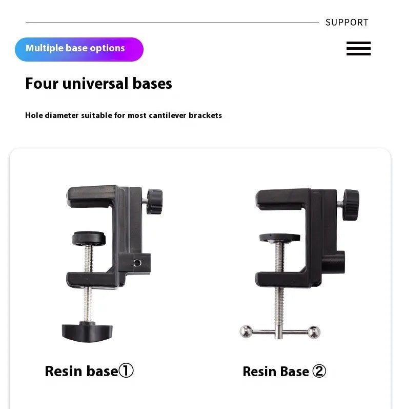 Black foldable metal cantilever bracket holding a tablet on a desktop, showing adjustable arms and clip.