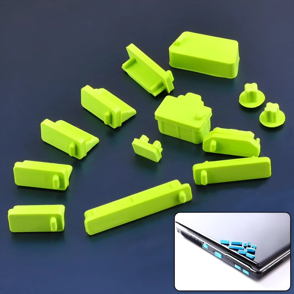 13-piece silicone dust plug set for laptop ports in multiple colours including transparent and black
