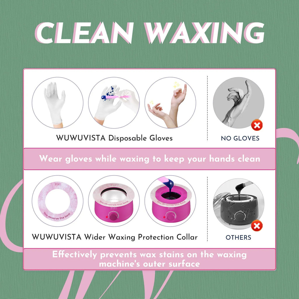 WUWUVISTA professional waxing kit with black wax warmer, coloured hard wax beads, applicators, and aftercare products.