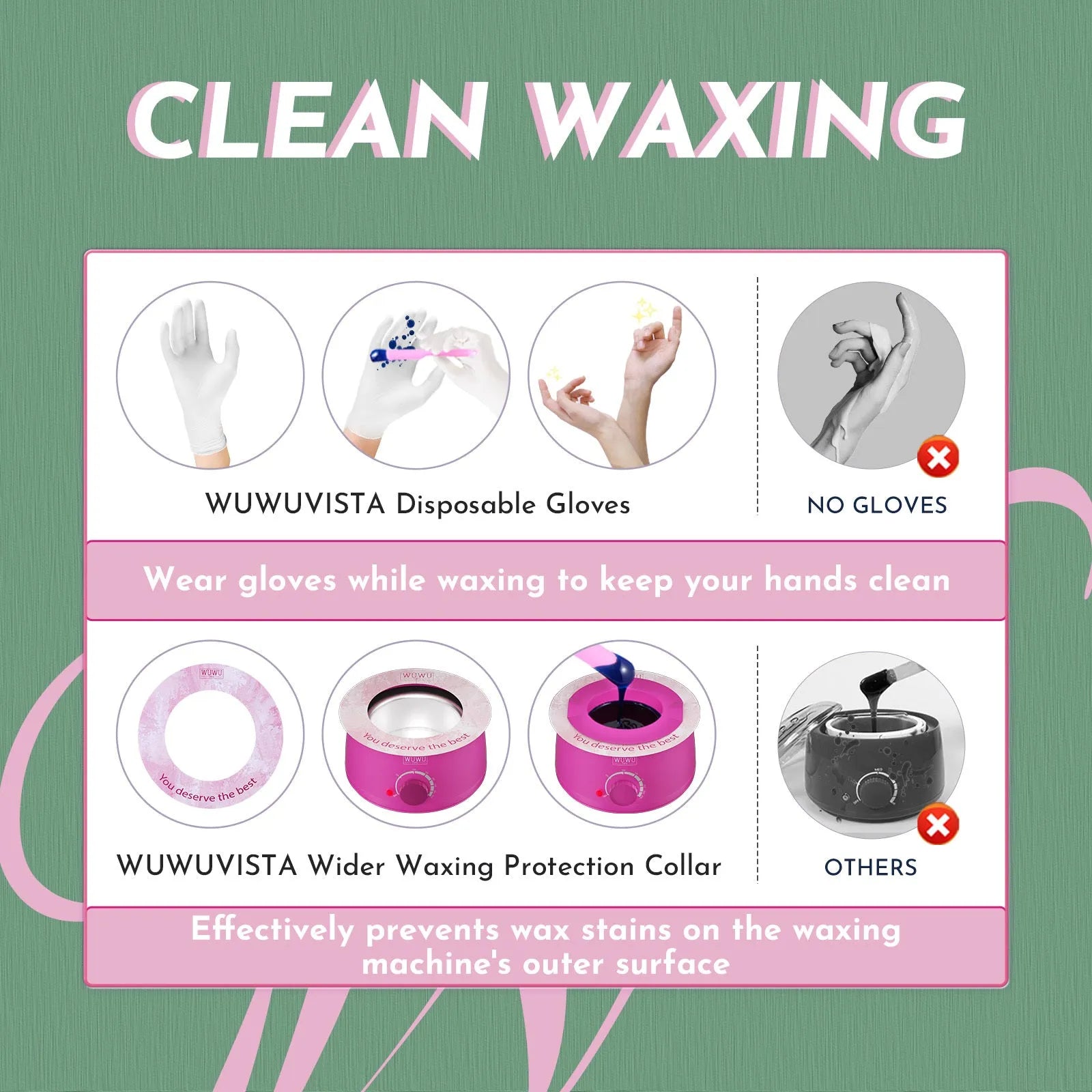 WUWUVISTA professional waxing kit with black wax warmer, coloured hard wax beads, applicators, and aftercare products.
