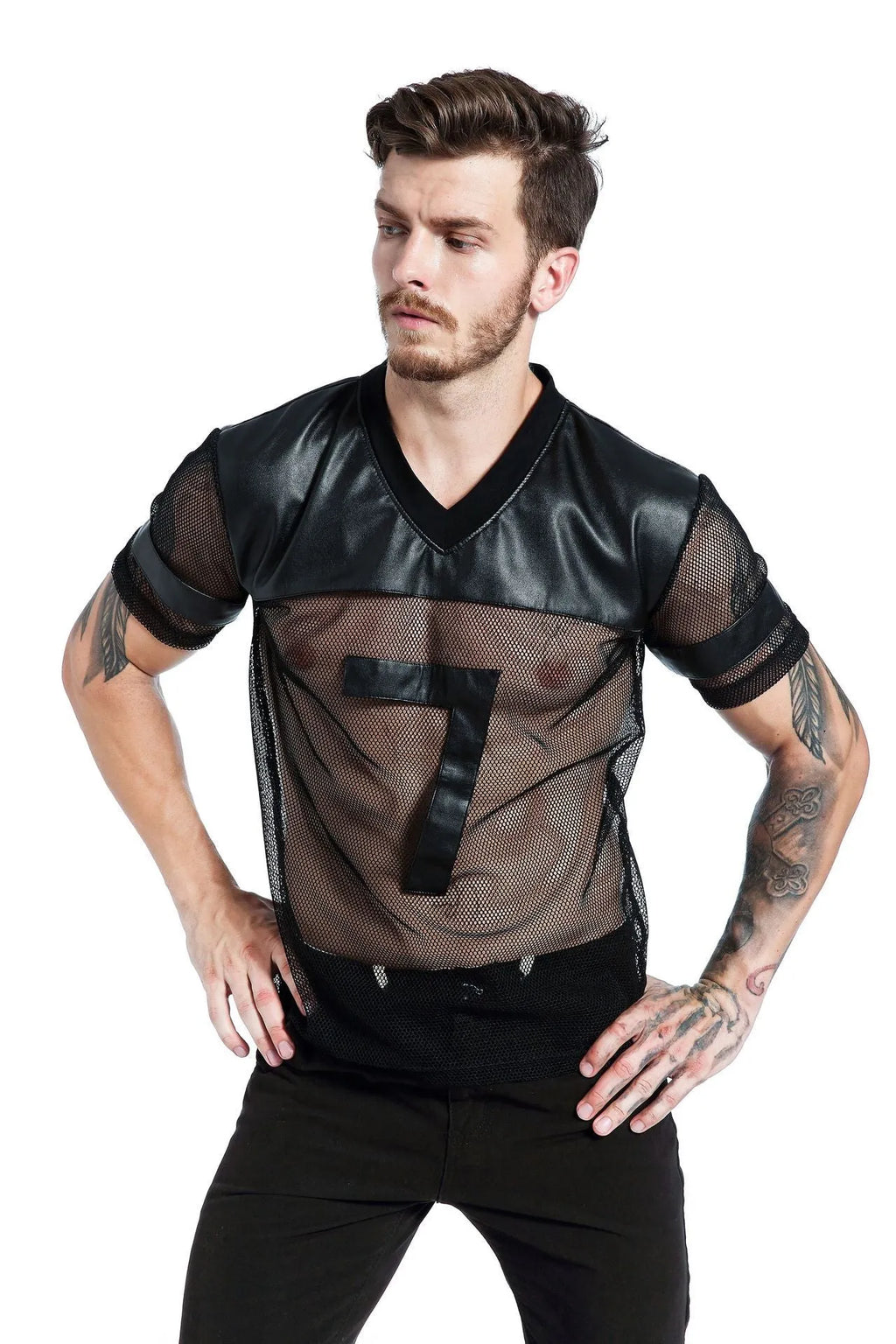 Black men's V-neck athletic t-shirt with stitching detail on the collar, made from polyester mesh fabric.