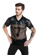 Black men's V-neck athletic t-shirt with stitching detail on the collar, made from polyester mesh fabric.
