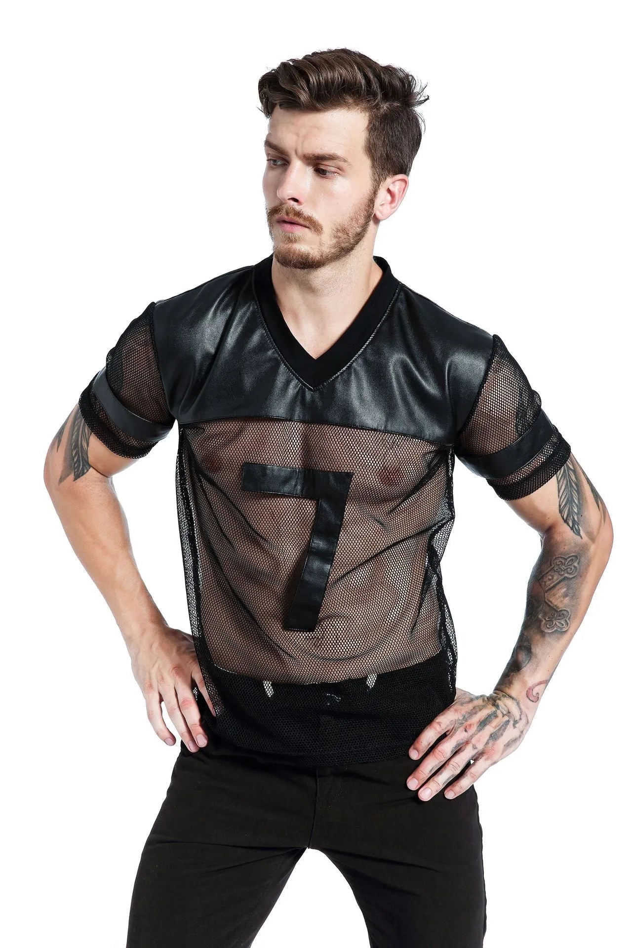 Black men's V-neck athletic t-shirt with stitching detail on the collar, made from polyester mesh fabric.