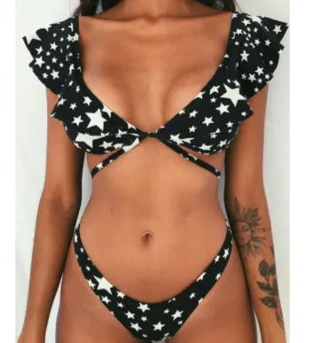 Yellow floral split print bikini swimsuit with triangle top on mannequin
