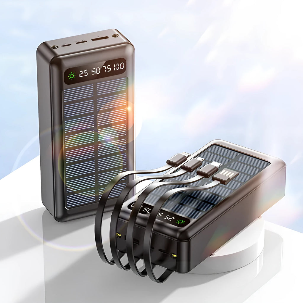 30000 mAh solar power bank with cable in black, white, or green plastic casing