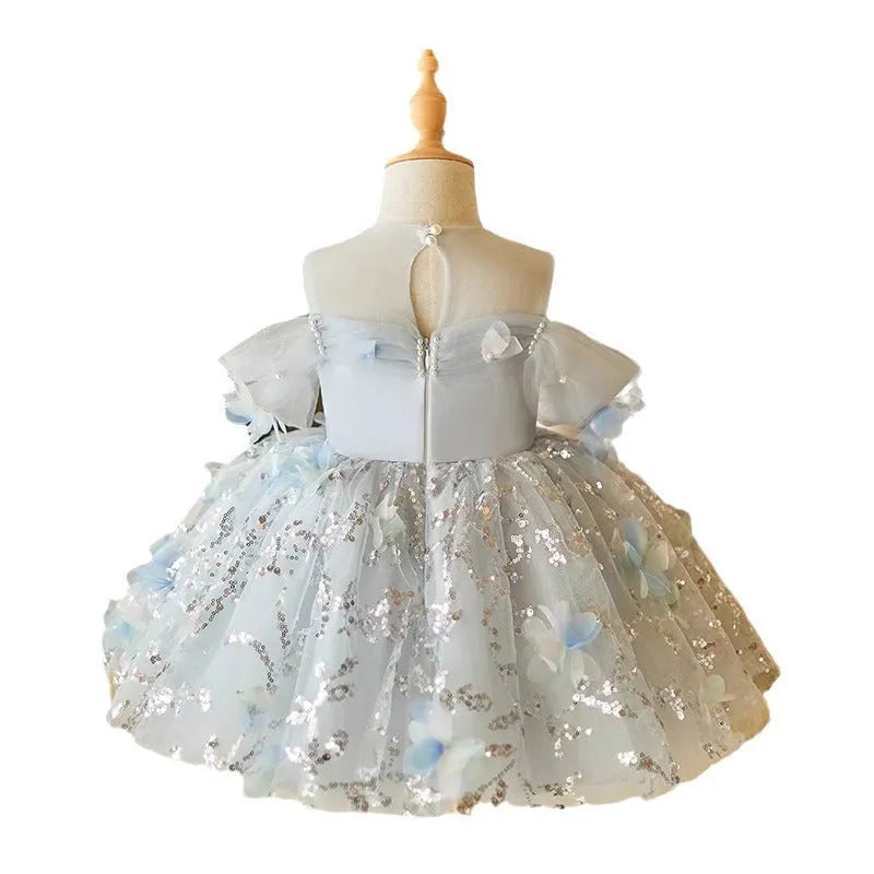 Girls blue princess dress with polyester lining, suitable heights 80cm to 150cm