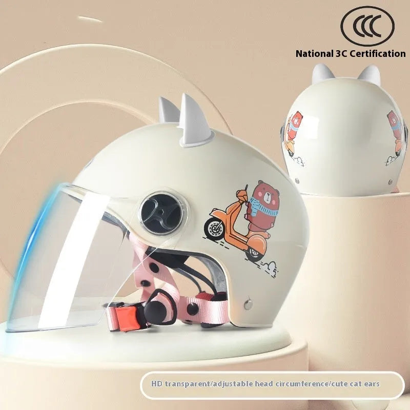 3C certified children's helmet with cat ears design in blue bunny with clear visor for electric car commuting