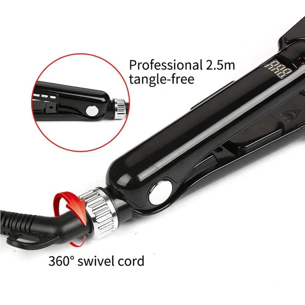 Black tourmaline ceramic hair straightener with slim heated plates, suitable for dry hair styling