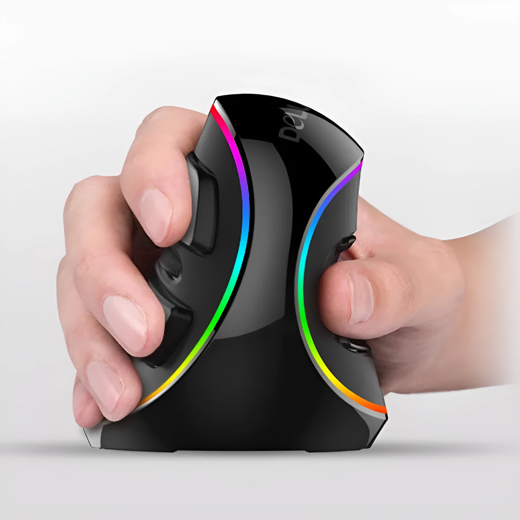 Vertical ergonomic wired mouse with RGB lighting, USB cable, and five DPI settings, shown in one of three styles.