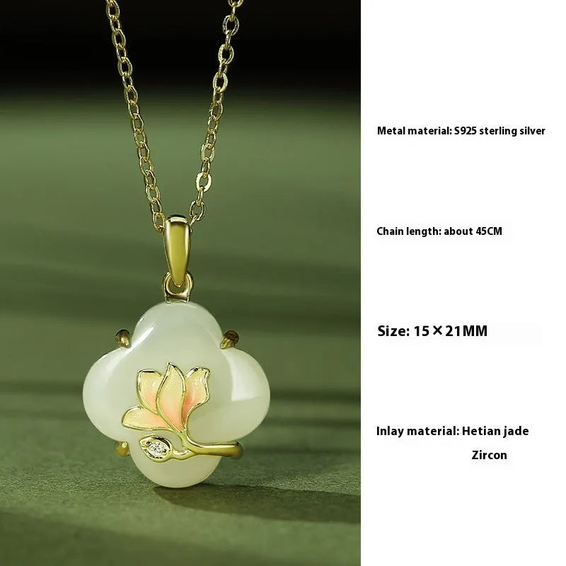 Magnolia flower Hetian jade and sterling silver jewellery set with necklace, bracelet, and earrings