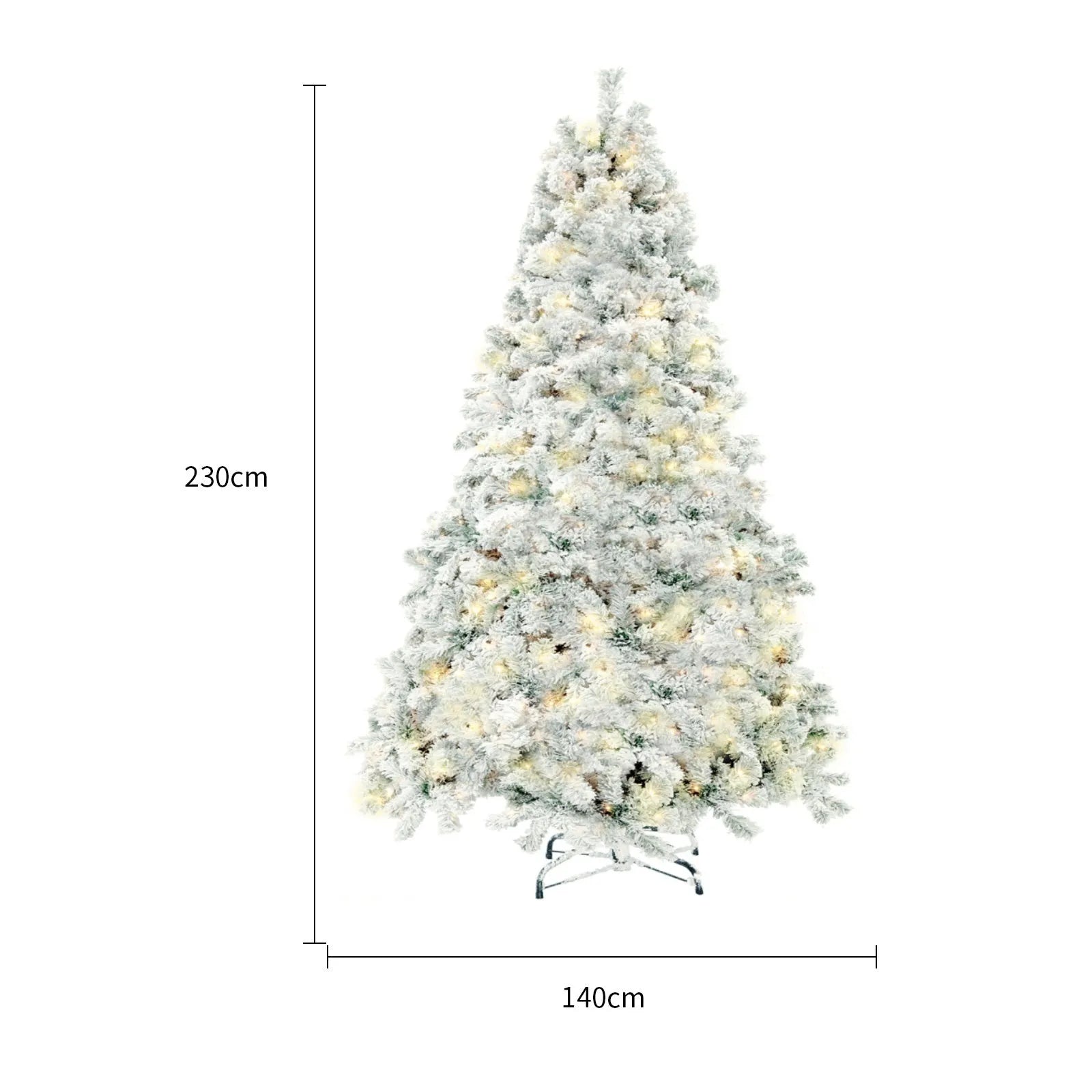 Green and white snow-dusted artificial PVC Christmas tree on a metal stand.