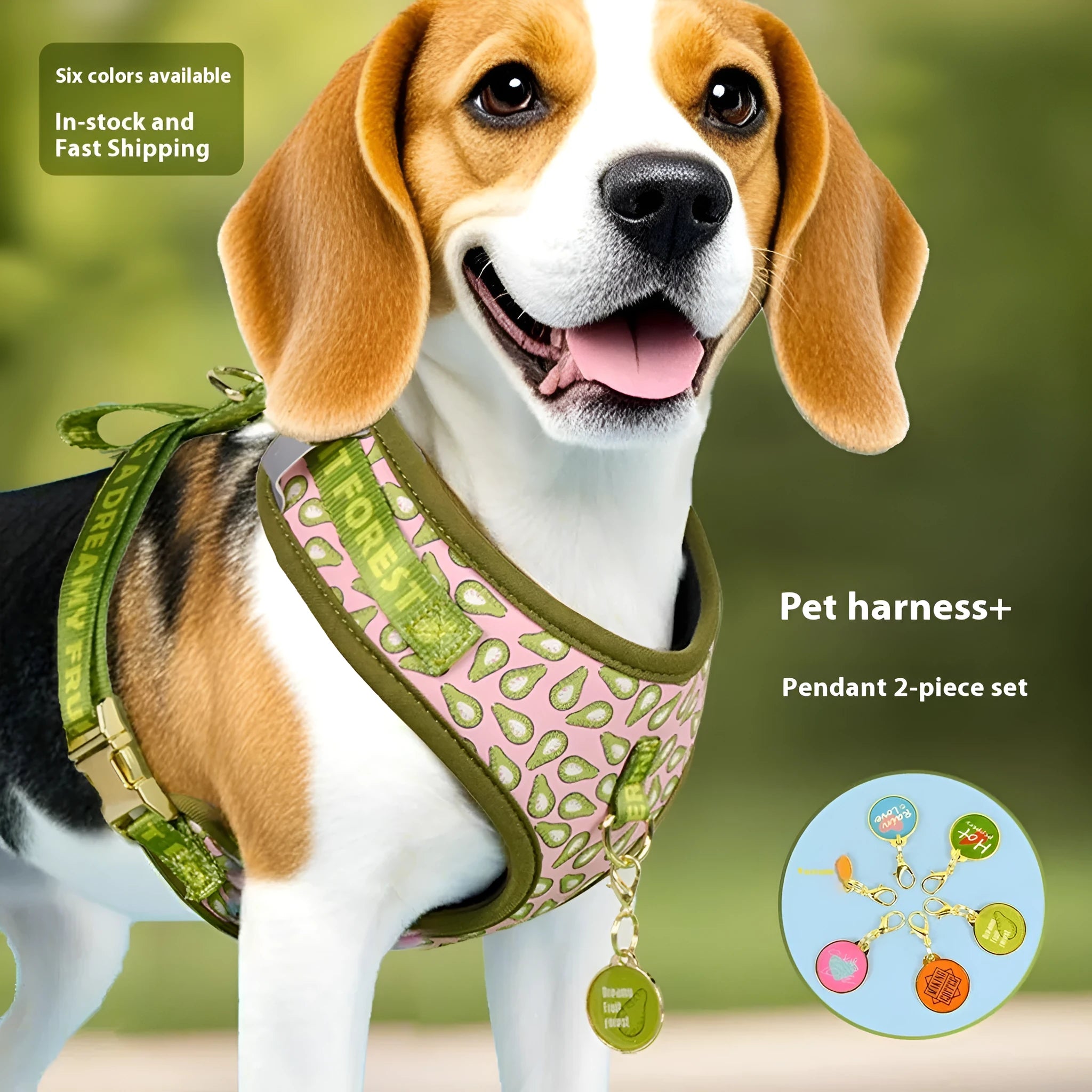 Adjustable polyester dog breast strap harness in Pink Avocado colour on a wooden surface