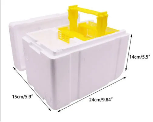 Three white EPS foam bee delivery boxes with hinged lids for queen bee mating and transport.