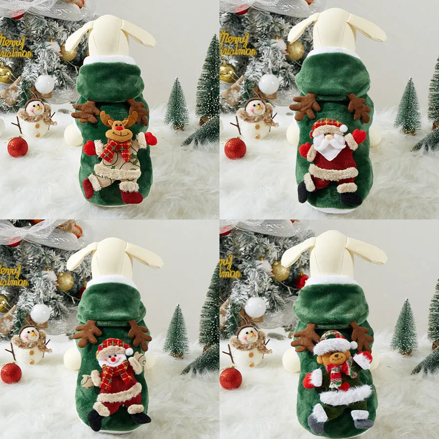 Flannel pet Christmas costume for small cats and dogs, green Santa design, size M, unisex casual style