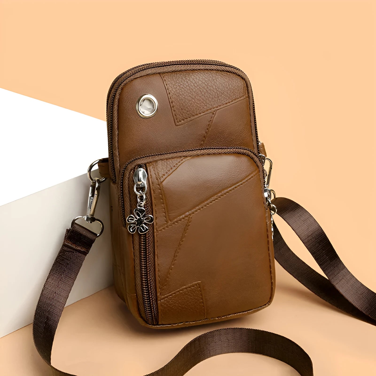 Vertical square mobile phone bag in PU material with sandwich pocket design