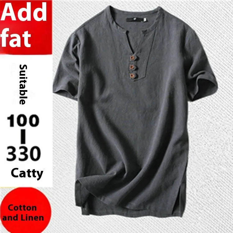 Men's loose cotton and linen T-shirt in apricot colour showing short sleeves and pullover style