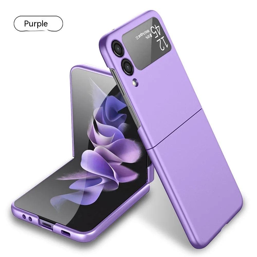 Oil injection foldable phone case for Samsung Galaxy Z Flip 3 and Z Flip 4 in black, with mirror finish and bracket