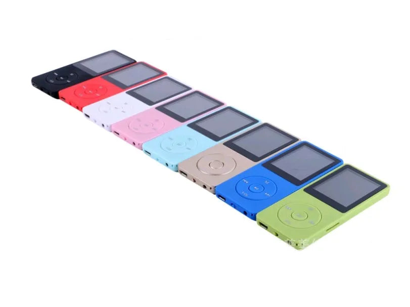 Slim Black MP4 player with a 1.8-inch colour screen showing a music playlist interface.