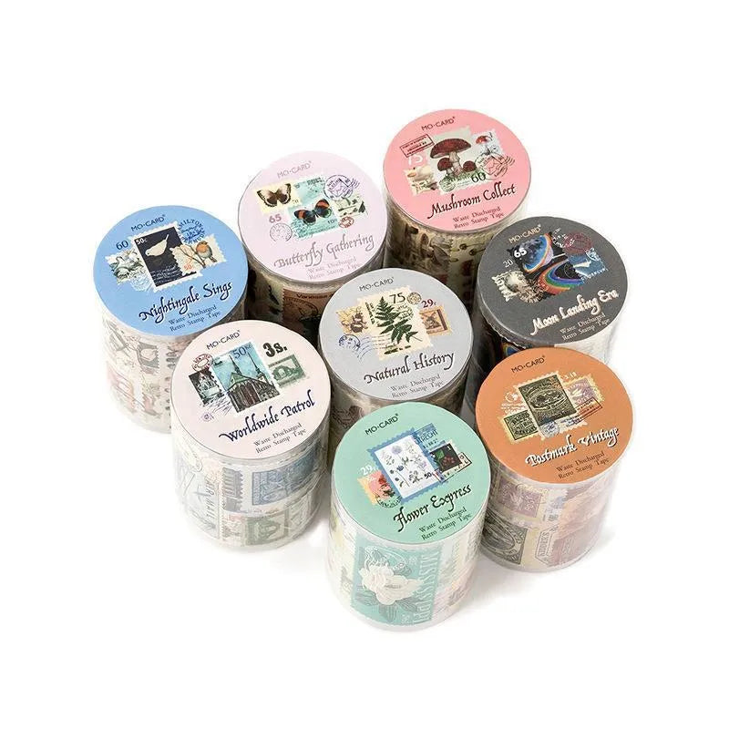 Roll of retro-style stamped decorative paper with butterfly, forest, bird, and mushroom designs, 55mm wide.