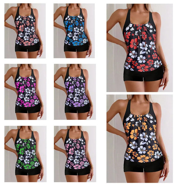 Women's slim-fit floral printed bikini set in polyester-spandex blend with multiple colour options