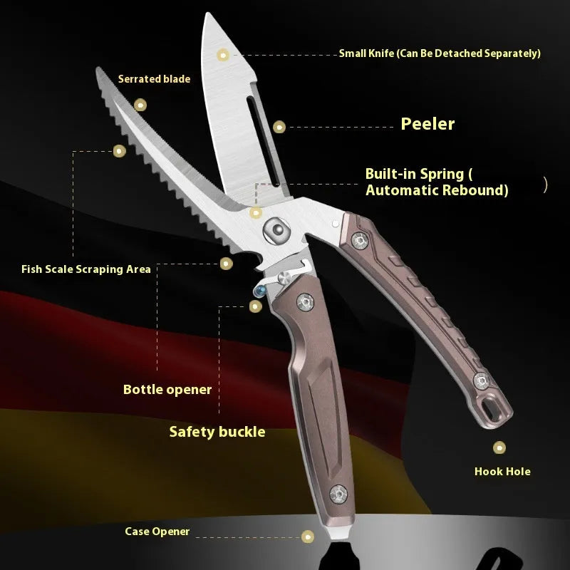 Household multi-functional chicken bone scissors stainless steel kitchen food scissors brown and silver