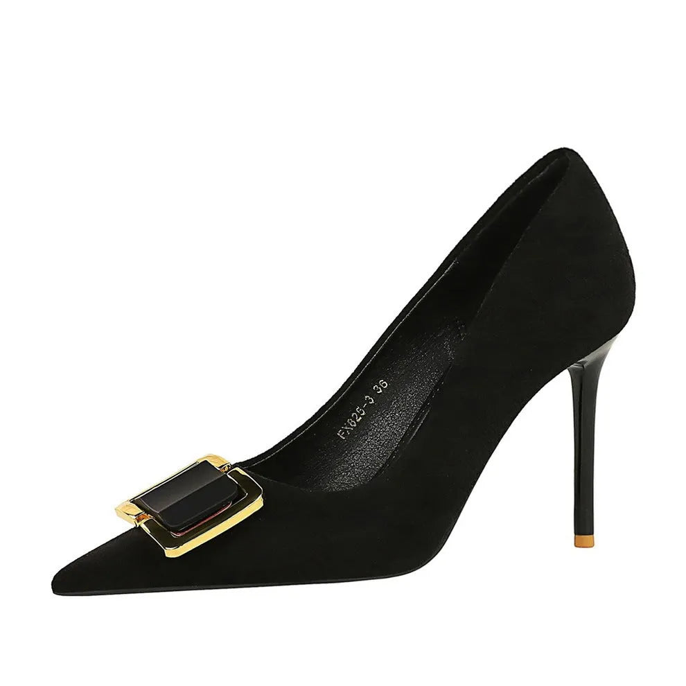 Black suede women's stiletto heels with a pointed toe and a 9cm high heel.