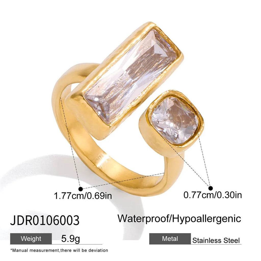 High-grade rhinestone titanium steel no fading ring for women, geometric quadrilateral shape, electroplated finish