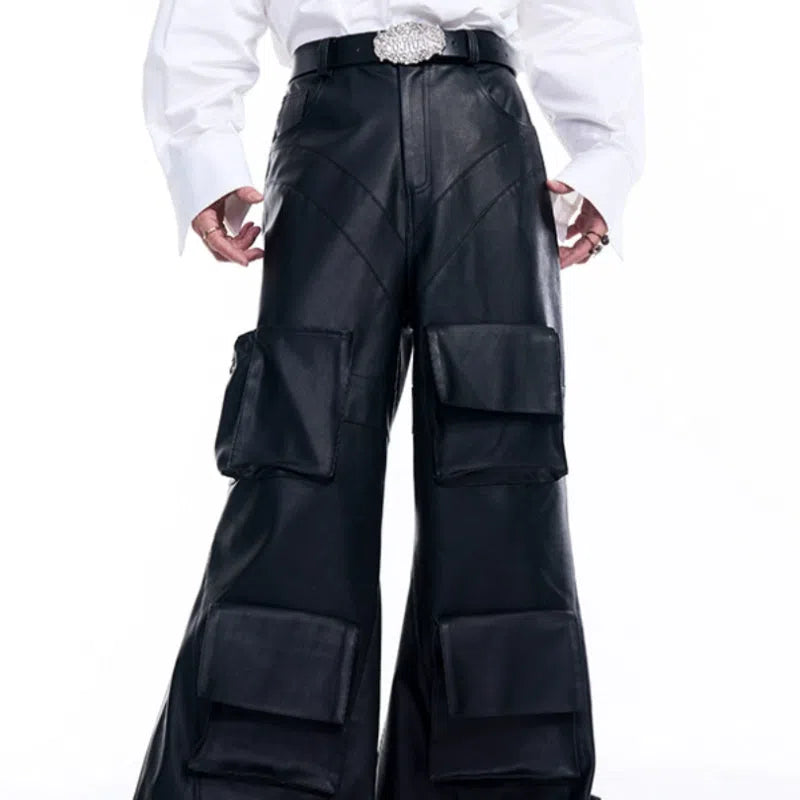 Black wide leg leather pants with three-dimensional pockets, autumn Korean style, sizes S to XL