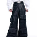 Black wide leg leather pants with three-dimensional pockets, autumn Korean style, sizes S to XL