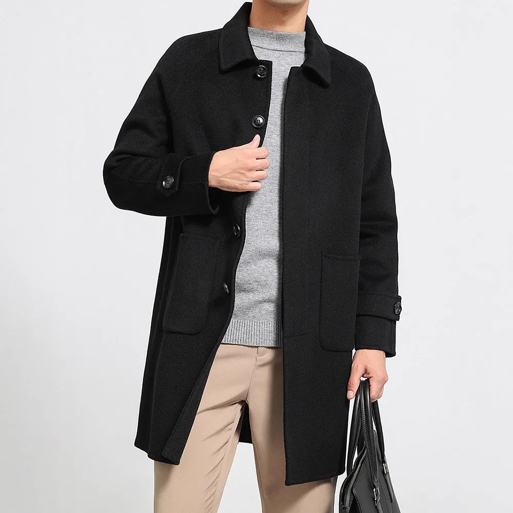 Men's reversible wool coat in black, single-breasted mid-length baggy fit with wool lining