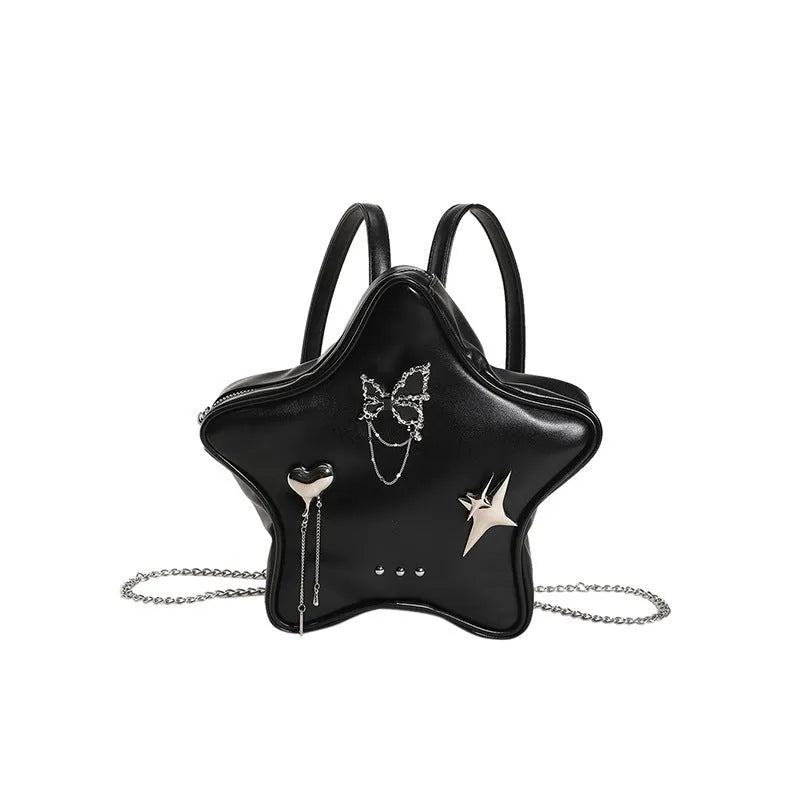 Black women's PU leather backpack with a silver metal butterfly star pendant, chain details, and an external pocket.