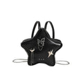 Black women's PU leather backpack with a silver metal butterfly star pendant, chain details, and an external pocket.