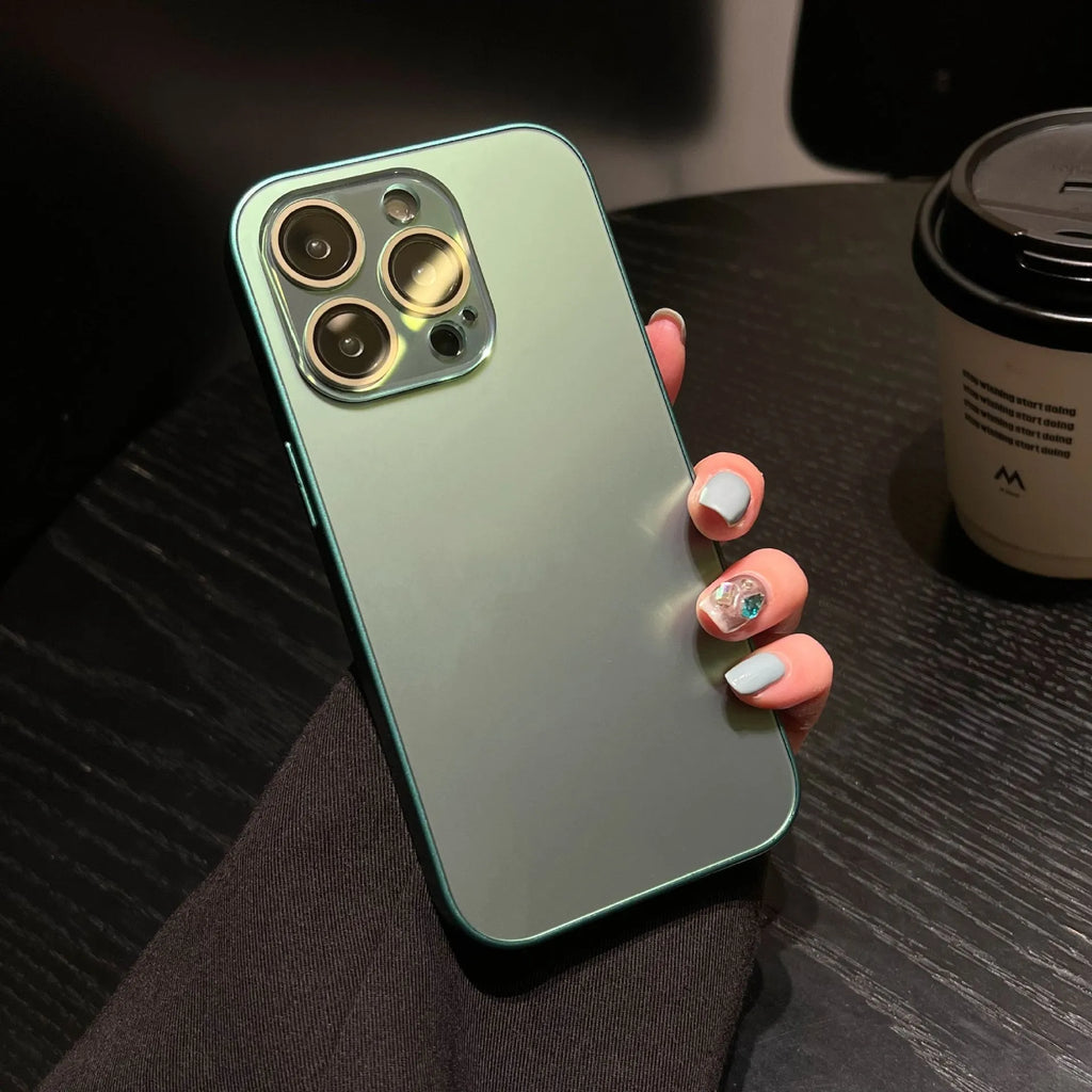 Frosted PC phone case for iPhone 15 Pro Max with glass lens protector in pearl white